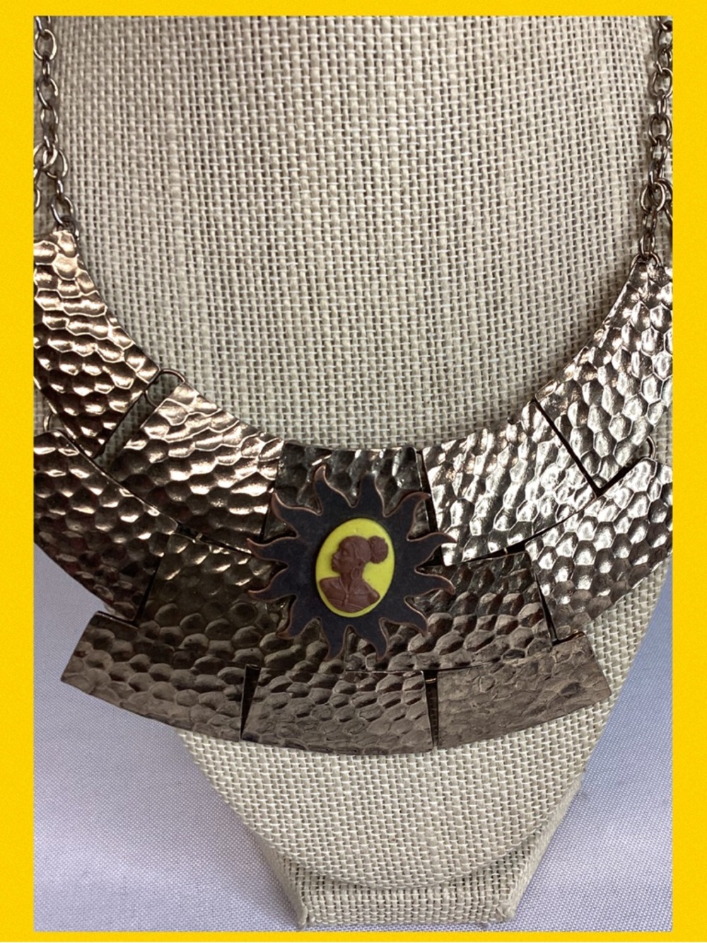 Hammered Metal Statement Necklace with Yellow Cameo Accent.1